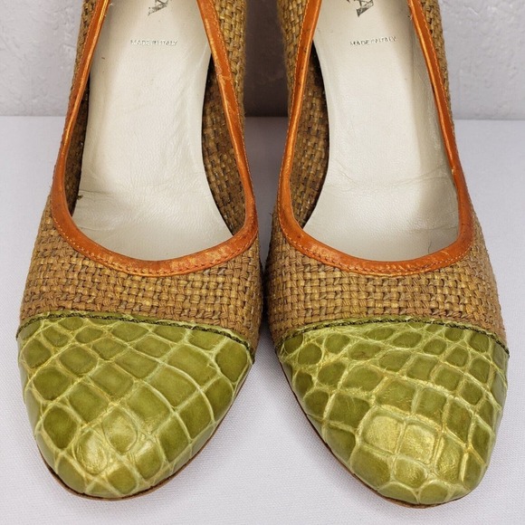 PRADA Woven Color Block Orange Croc Cap Toe Green Leather Trim Pumps Size 37 EU - Picture 2 of 15